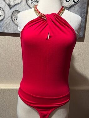 Guess Hot Pink Halter Chain-Neck Bodysuit